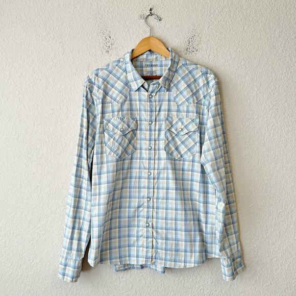 TECOVAS Pearl Snap Shirt Yellow Blue Plaid Long Sleeve Western Retro - Picture 2 of 9
